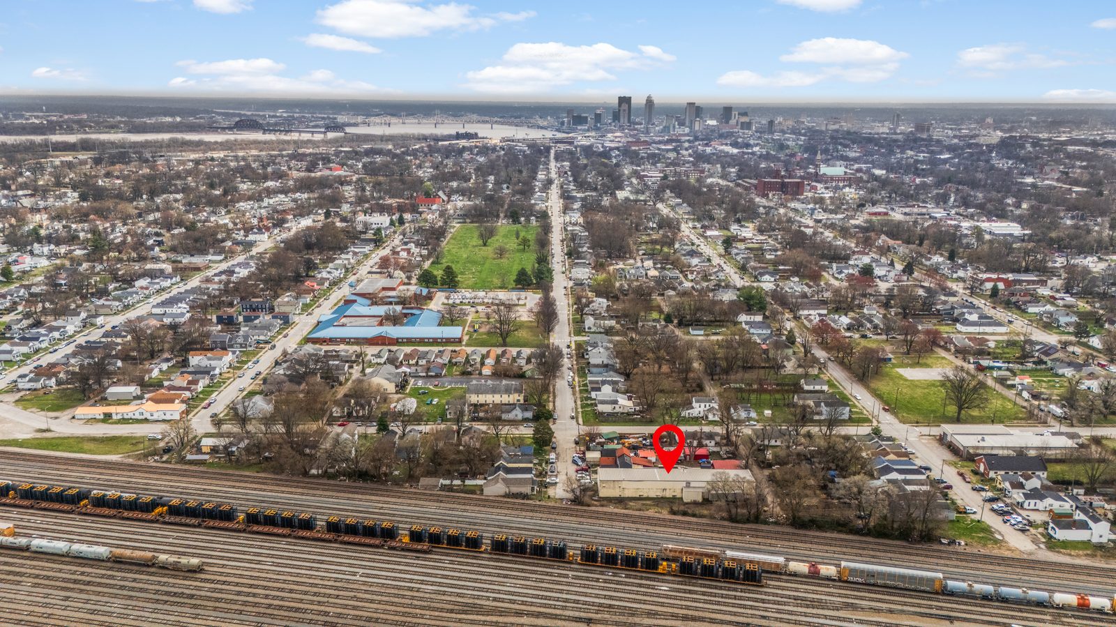 3012 Duncan St, Louisville — aerial toward downtown and the river